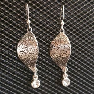 Silver leaf and rhinestone drop earrings